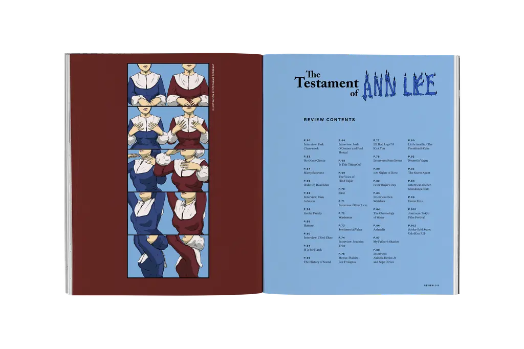 Open book with colourful geometric illustration on left page featuring blue, orange, and white shapes, right page shows contents listing.