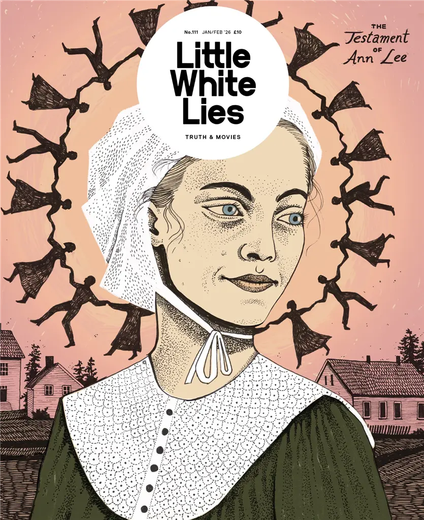 Magazine cover with woman in white bonnet and green dress against pink sky. Black silhouetted figures dance in circle around her head.